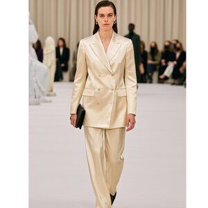 Jil Sander+ Silk/Wool-Blend Long Ivory Double-Breasted Blazer